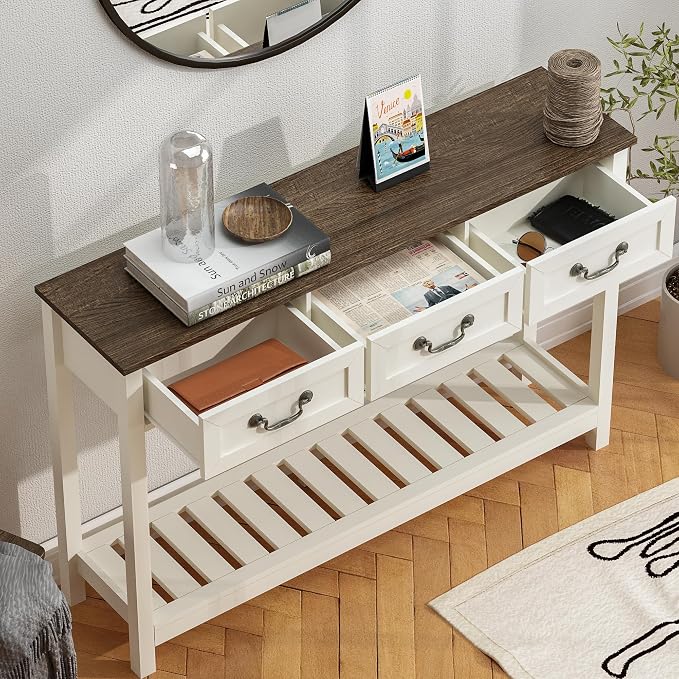 ChooChoo 47" Farmhouse Console Table with 3 Drawers, Rustic Entryway Table, Narrow Long Sofa Table for Living Room, Hallway, Behind Couch, Soft White and Brown