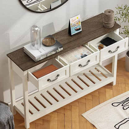 ChooChoo 47" Farmhouse Console Table with 3 Drawers, Rustic Entryway Table, Narrow Long Sofa Table for Living Room, Hallway, Behind Couch, Soft White and Brown