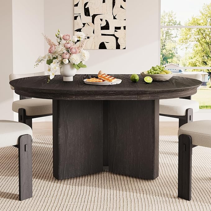 LUMISOL Round Dining Table for 4-6 People, Farmhouse Kitchen Table with Pedestal Base and Adjustable Foot Pads, Oval Extendable Dining Table for Dining Room, Kitchen, Small Space, Espresso