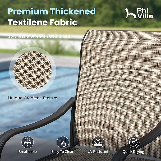 PHI VILLA 8 Piece Outdoor Dining Set with 13ft Patio Beige Umbrella, 6 Swivel Textilene Fabric Dining Chairs & 1 Large Metal Table for Garden Backyard Poolside Deck (No Umbrella Base)