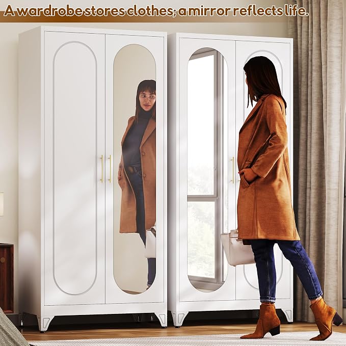 UNICOLY Metal Wardrobe Cabinet with Mirror Doors，71" Tall Armoire Wardrobe Closet with Hanging Rod and Adjustable Shelves，White Clothing Storage Cabinets for Bedroom, Living Room,Office