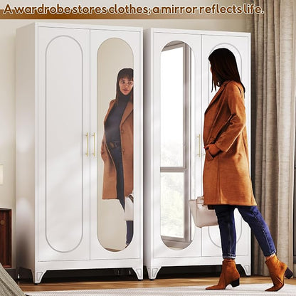 UNICOLY Metal Wardrobe Cabinet with Mirror Doors，71" Tall Armoire Wardrobe Closet with Hanging Rod and Adjustable Shelves，White Clothing Storage Cabinets for Bedroom, Living Room,Office