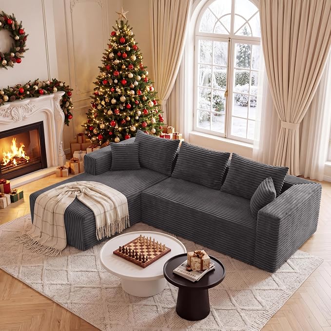 92.5"Couch for Living Room, Modular Sectional Couch with Oversized Chaise, Corduroy Floor Sofa with Deep Seat,L-Shaped Couch No Assembly Required (Drak Gray, 92.5" L-Shape with Left Facing Chiase)