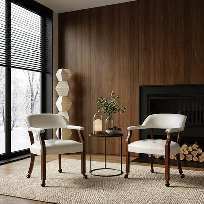 LEEMTORIG Set of 2 Large Dining Chairs with Casters and Arms, Rolling Dining Chairs with Wheels, Poker Chairs, Solid Wood Boss Caption's Chairs, 26"D x 25.2"W x 31.5"H, Cherry Legs & Ivory, SY-1533-WT