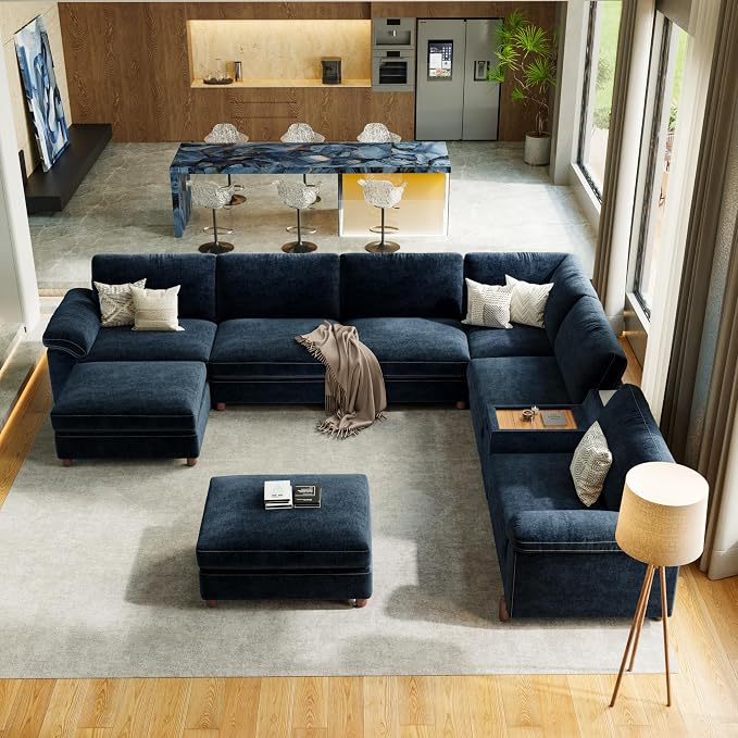 SITJOY Large Cloud Couch, 138" Wide 8 Seat V Shaped with Console, Navy Blue | Detachable and Washable Chenille Cover Sectional Sofas for Living Room, Deep Seat Wide Couch with Chaise, Storage Ottoman