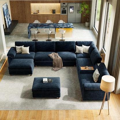 SITJOY Large Cloud Couch, 138" Wide 8 Seat V Shaped with Console, Navy Blue | Detachable and Washable Chenille Cover Sectional Sofas for Living Room, Deep Seat Wide Couch with Chaise, Storage Ottoman