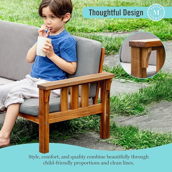 Martha Stewart Kids’ Outdoor Sofa Chair: Natural Acacia Wood Sofa Couch w/Gray Cushions for Indoor & Outdoor Spaces, 10" Seat Height | Kids’ Furniture for Garden, Patio & Backyard Picnics