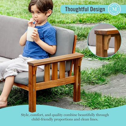 Martha Stewart Kids’ Outdoor Sofa Chair: Natural Acacia Wood Sofa Couch w/Gray Cushions for Indoor & Outdoor Spaces, 10" Seat Height | Kids’ Furniture for Garden, Patio & Backyard Picnics