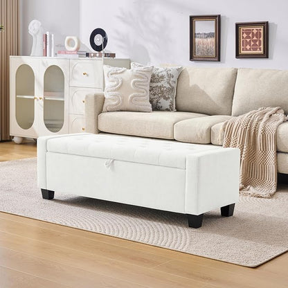 Huatean Home 43" Ottoman with Storage, White Storage Ottoman Bench with Safety Hinge, Upholstered Entryway Bench with Seating for Bedroom, Living Room, Holds up to 330 lb