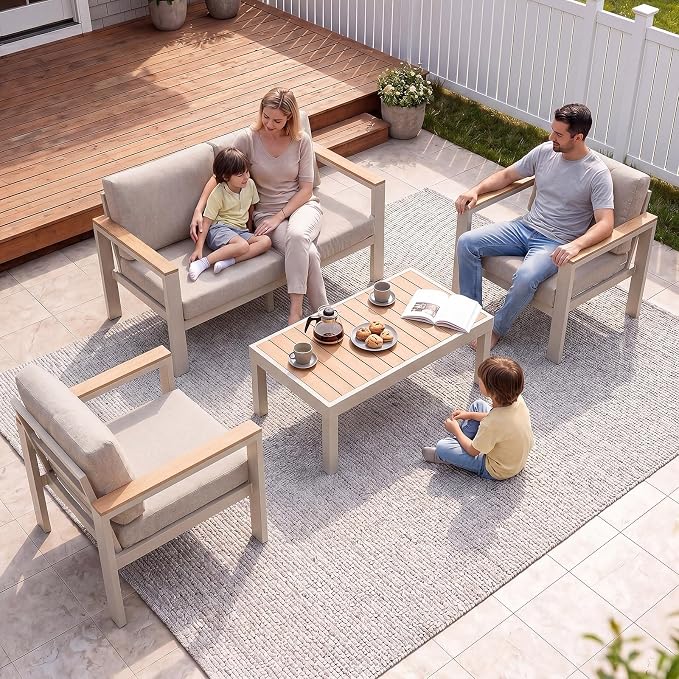 4-Piece 4-Seater Aluminum Patio Furniture Set, Outdoor Patio Table and Chairs Set with 2 Single Chairs+Loveseat+Coffee Table, 1.5mm Thick Rustproof Frame, Waterproof Washable Cushions for Porch Deck