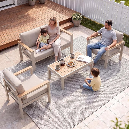 4-Piece 4-Seater Aluminum Patio Furniture Set, Outdoor Patio Table and Chairs Set with 2 Single Chairs+Loveseat+Coffee Table, 1.5mm Thick Rustproof Frame, Waterproof Washable Cushions for Porch Deck