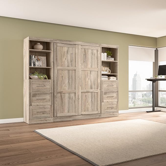Bestar Pur Full Murphy Bed and 2 Shelving Units with Drawers, 109-inch Space-Saving Wall Bed
