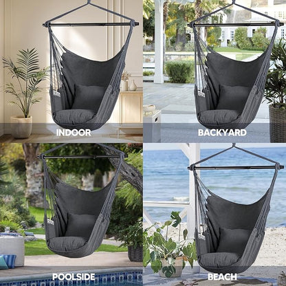 SUNCREAT Hammock Chair Swing with Steel Support Bar, Side Pocket, Large Hanging Chair Outdoor, Max 450lbs Capacity, Dark Gray