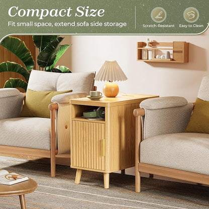 Huuger Narrow Nightstand with Charging Station, USB-C Port, Set of 2 Night Stand, Fluted End Table with Storage Cabinet, Back Rack, Side Table for Small Spaces, 13.4×23.6 Inch, Natural