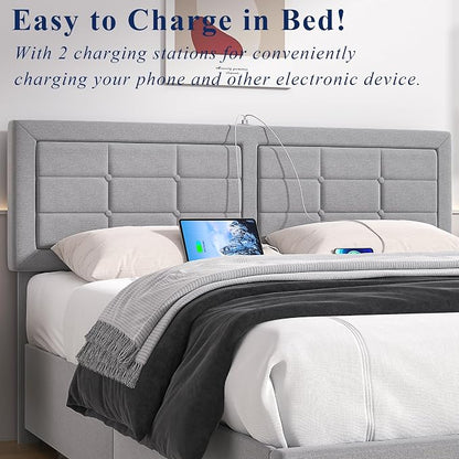 VECELO Queen Size Bed Frame with 4 Storage Drawers & Adjustable Headboard, Built-in Charging Station, Upholstered Bedframe with Wood Slats Support, Light Grey