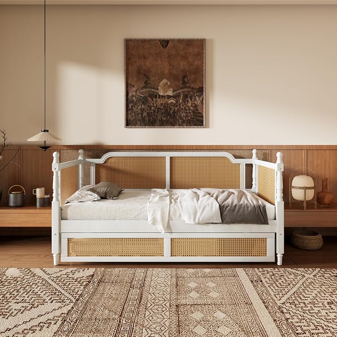 Merax Twin Size Rattan Bed Frame with Twin Size Trundle, Wood Bedframe Daybed for Bedroom, Guest Room, Limited Space, No Box Spring Needed, Antique White