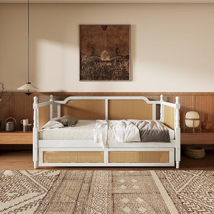 Merax Twin Size Rattan Bed Frame with Twin Size Trundle, Wood Bedframe Daybed for Bedroom, Guest Room, Limited Space, No Box Spring Needed, Antique White