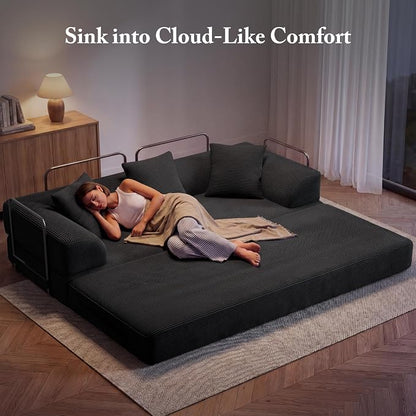 Living&Giving 89" Cloud Boneless Convertible Sofa Bed, 5-in-1 Foldable Compressed High-Density Sponge Sofa, Corduroy Fabric 3 Seater Sleeper Couch Futon Daybed for Living Room Bedroom (Black)