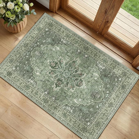 RELEANY Area Rugs Small 2'x3' Washable Non-Slip, Floral Vintage Distress Medallion Carpet for Kitchen Entryway Bathroom, Dark Green Gray