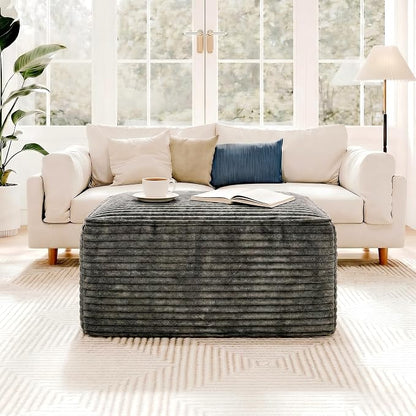 37.4" Charcoal Plush Corduroy Ottoman, Upholstered Cloud Ottoman for Boneless Couch in a Box, Modular Sectional Couches for Living Room Bedroom, Compressed Memory Foam, No Assembly Require, Dark Grey