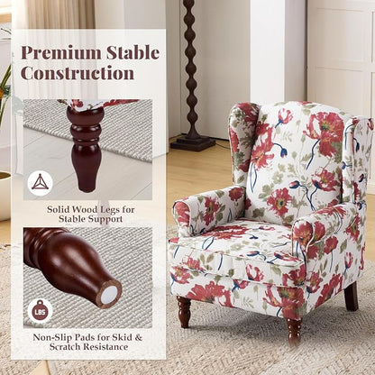 EROMMY Floral Accent Chair, Comfortable High Back Upholstered Armchair with Solid Wood Legs, Leisure Single Sofa Chair for Living Room, Bedroom, Home Office, Pink Floral