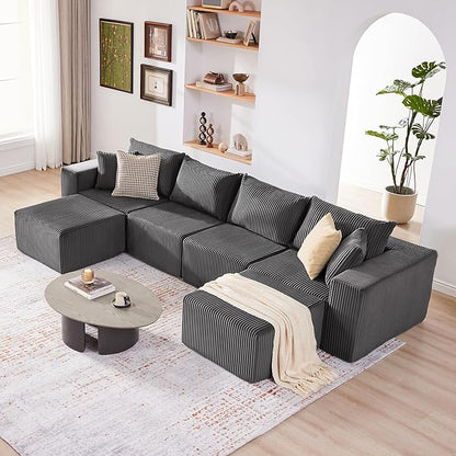 Weture 135.4" Cloud Couch Sectional, Modular Sectional Sofa with Deep Seat, Plush Corduroy U Shaped Boneless Couch, Convertible Sectional Couches for Living Room, 6Seat, Grey
