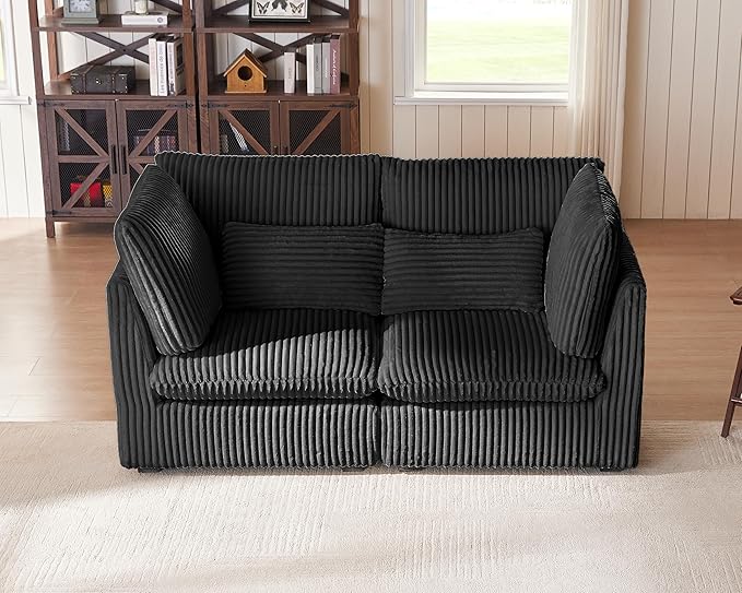 77" Oversized Corduroy Couch Modular Sectional Sofa, Washable Cloud Couch Sectional, 2 Seater Sectional Couches for Living Room, Fully Cover Removable, Loveseat Sofa, Corduroy, Black
