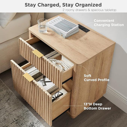 T4TREAM 23'' Fluted Nightstand Swith Charging Station, Large 2 Drawer Side Table, Modern End Table with Storage, Mid Century Bedside Table for Bedroom, Living Room, Curved Profile, Natural Oak