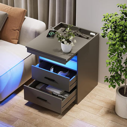 Night Stand Set of 2, Charging Bedside Table with USB & Type-C Port, LED Night Stand with Human Sensor Light, Modern End Table with Gun Drawers for Bedroom Office, Grey