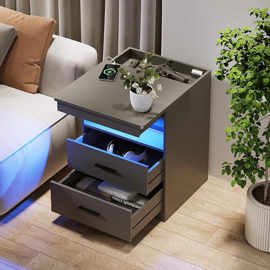 Night Stand Set of 2, Charging Bedside Table with USB & Type-C Port, LED Night Stand with Human Sensor Light, Modern End Table with Gun Drawers for Bedroom Office, Grey