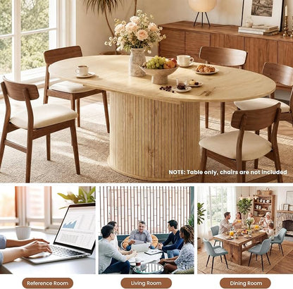 47''-63'' Extendable Round Dining Table for 4-6, Round Dining Room Table with Hidden Storage, Modern Wooden Kitchen Table with Fluted Sliding Door Cabinet for Dining Room Kitchen, Nature