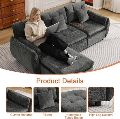 84" L Shaped Modular Sectional Cloud Sofa with Ottoman, Deep Seat Tufted Chenille 4-Seater Couch with Curved Arms, Dark Grey