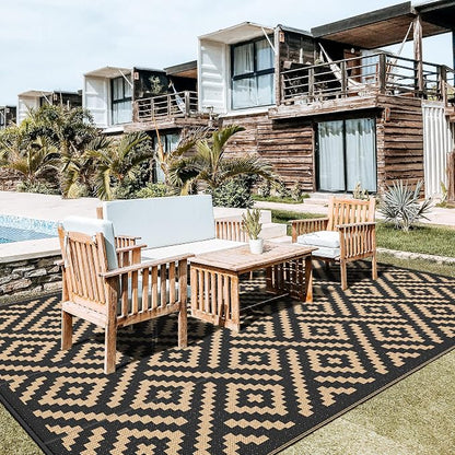 GENIMO Outdoor Rug for Patio Clearance, 10'x14' Waterproof Large Camping Mat, Reversible Plastic Straw Rugs for RV, Camper, Balcony, Backyard, Picnic, Deck (Black & Brown)