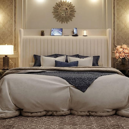 SHA CERLIN King Size Velvet Bed Frame with USB Charging Station, Wingback Storage Headboard, Upholstered Platform Bed with Wooden Slats Support, No Box Spring Needed, Easy Assembly, Cream White
