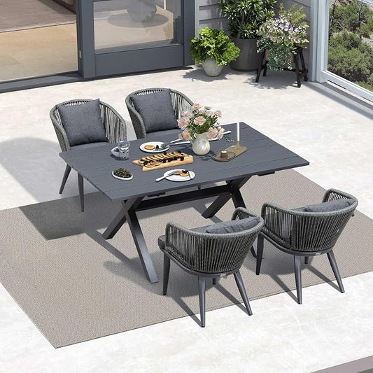PURPLE LEAF 5 Pieces Patio Dining Set Wicker Outdoor Furniture Rectangular Table and Chairs Set for Garden Deck Aluminum Frame Backyard Kitchen Set, Cushions and Pillows Included Grey