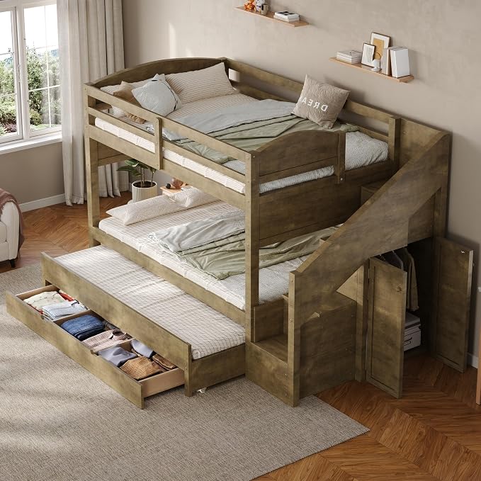 RUNNA Twin XL Bunk Bed with Trundle, Storage Stairs,Kids Bedroom,Walnut | Twin XL bunk bed with trundle, storage stairs, solid wood frame, guardrails, no box spring needed,Walnut, space saving
