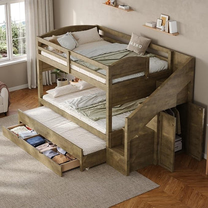 RUNNA Twin XL Bunk Bed with Trundle, Storage Stairs,Kids Bedroom,Walnut | Twin XL bunk bed with trundle, storage stairs, solid wood frame, guardrails, no box spring needed,Walnut, space saving