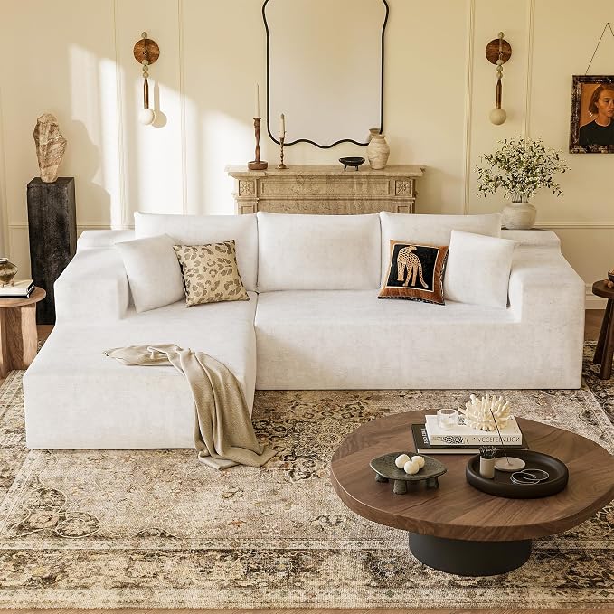 YESHOMY Boneless Couches for Living Room, 108" Sectional Modular Sectional Sofa with Deep Seat, Cloud Comfy Couch with L-Shape Chaise, Easy Assembly (Chenille, Pearl Cream)