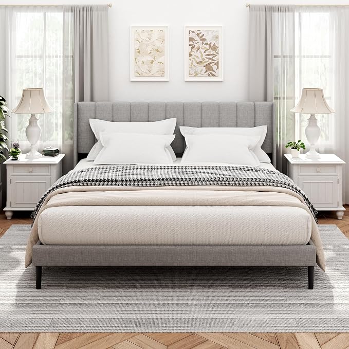 Sismplly King Size Bed Frame and Headboard,Vertical Channel Tufted Wingback No Box Spring Needed, Mattress Foundation, Easy Assembly Light Grey, Linen