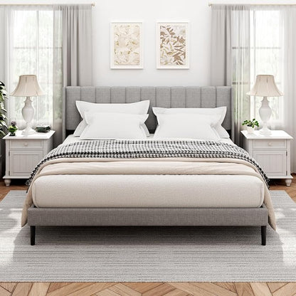 Sismplly King Size Bed Frame and Headboard,Vertical Channel Tufted Wingback No Box Spring Needed, Mattress Foundation, Easy Assembly Light Grey, Linen