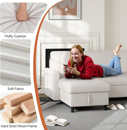 Vongrasig Pull Out Couch with Storage, 77" Sectional Sleeper Sofa, 2 in 1 L-Shaped Sofa Bed with Storage Chaise Corduroy Fabric for Living Room, Apartment, Small Space, White