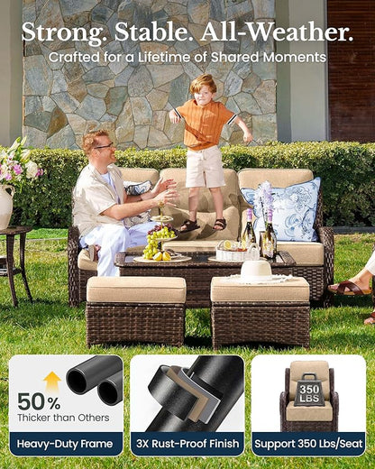 HILLGA Luxury Outdoor Furniture High Back Patio Sofa, Oversized 3-Seater Couch with 6'' Thick Cushions, Ideal for Porch, Poolside, Deck, and Yard (Beige)