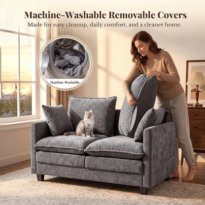 Loveseat Sofa with Cloud 3-Layer Cushion & 27" Deep Seat, Modern Love Seat Small Couch with 2 Washable Pillows for Small Spaces, Bedroom, Apartment, Office, Living Room, in a Box, 50-Inch Grey