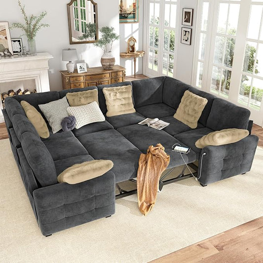 Hanherry Sectional Couch with Pull Out Sofa Bed,Chenille Sleeper Sofa with 2 Seat Storage & USB Charging,Comfy L Shaped Modular Couches for Living Room,Apartment