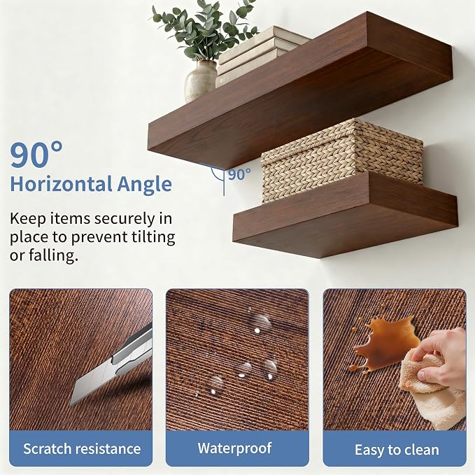 Floating Shelves, Walnut-Like Wooden Set of 3 Wall Mounted Bathroom Shelves Over Toilet, Modern Small Hanging Shelves for Bedroom Living Room Kitchen Rustic Home Decor, 12" x 7" x 1.5"