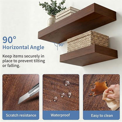 Floating Shelves for Wall, Wall Mounted Rustic Wood Shelves for Bathroom, Bedroom, Living Room & Kitchen, Hanging Shelf for Storage, Books & Room Decor, Walnut-Like, Set of 4, 12"x7"x1.5"