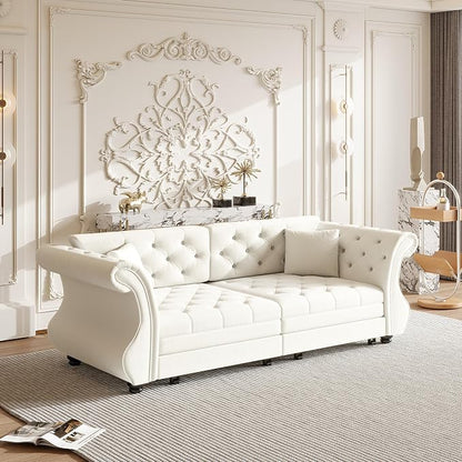 83.8" Oversized Pull Out Sofa Bed, Chesterfield Velvet Sleeper Sofa Couch with Roll Arm & Flower Tufting, Heavy Duty Metal Frame Convertible Sofa for Living Room, Apartment, Guest Room, Beige