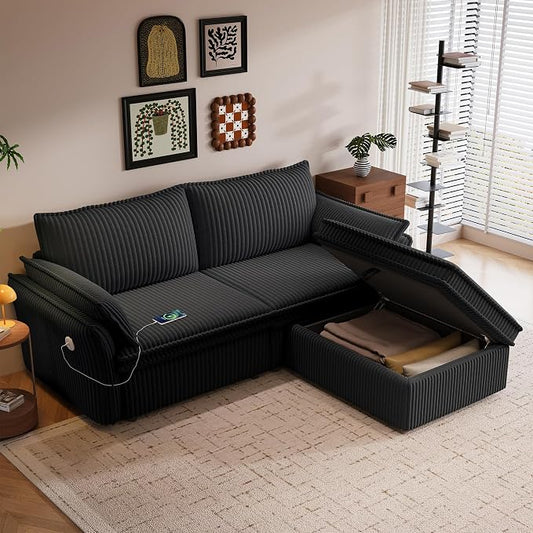 85'' Sofa Bed Full Size, Tool-Free Assembly, 3 in 1 Convertable Sleeper Sofa, Corduroy Couches with Pull Out Bed, USB & Storage, Modern Loveseat for Small Space, Living Room, Corduroy Black