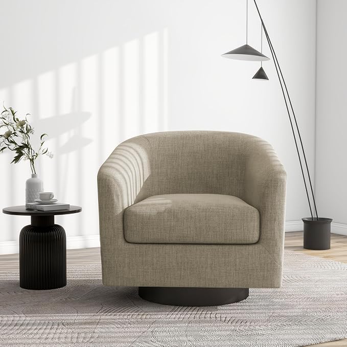 Swivel Barrel Accent Chair, Modern Round Linen Arm Chair for Living Room, Bedroom, Comfy Club Reading Chairs for Adults（Linen Fabric, Light Brown, Set of 4