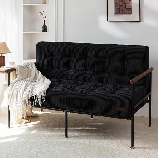 MAXYOYO Living Room Accent Chair, Loveseat Sofa Chair with Sturdy Metal Frame & Wood Armrests, Button Tufted Upholstered Small Couch Modern Love Seat for Bedroom Office, Black